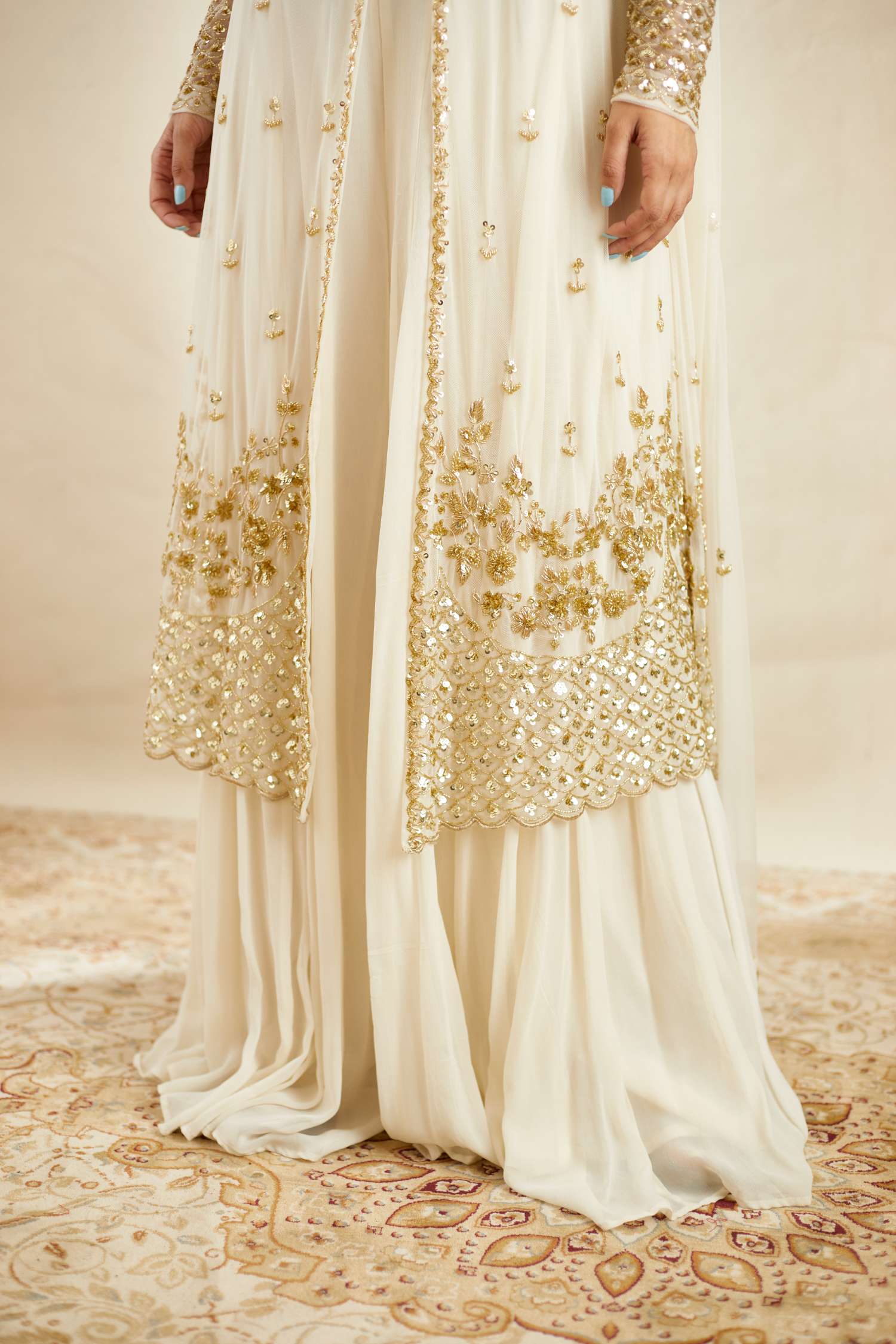 Ivory Pure Georgette Lucknowi Sharara Set Design by Sole Affair at Pernia's  Pop Up Shop 2024